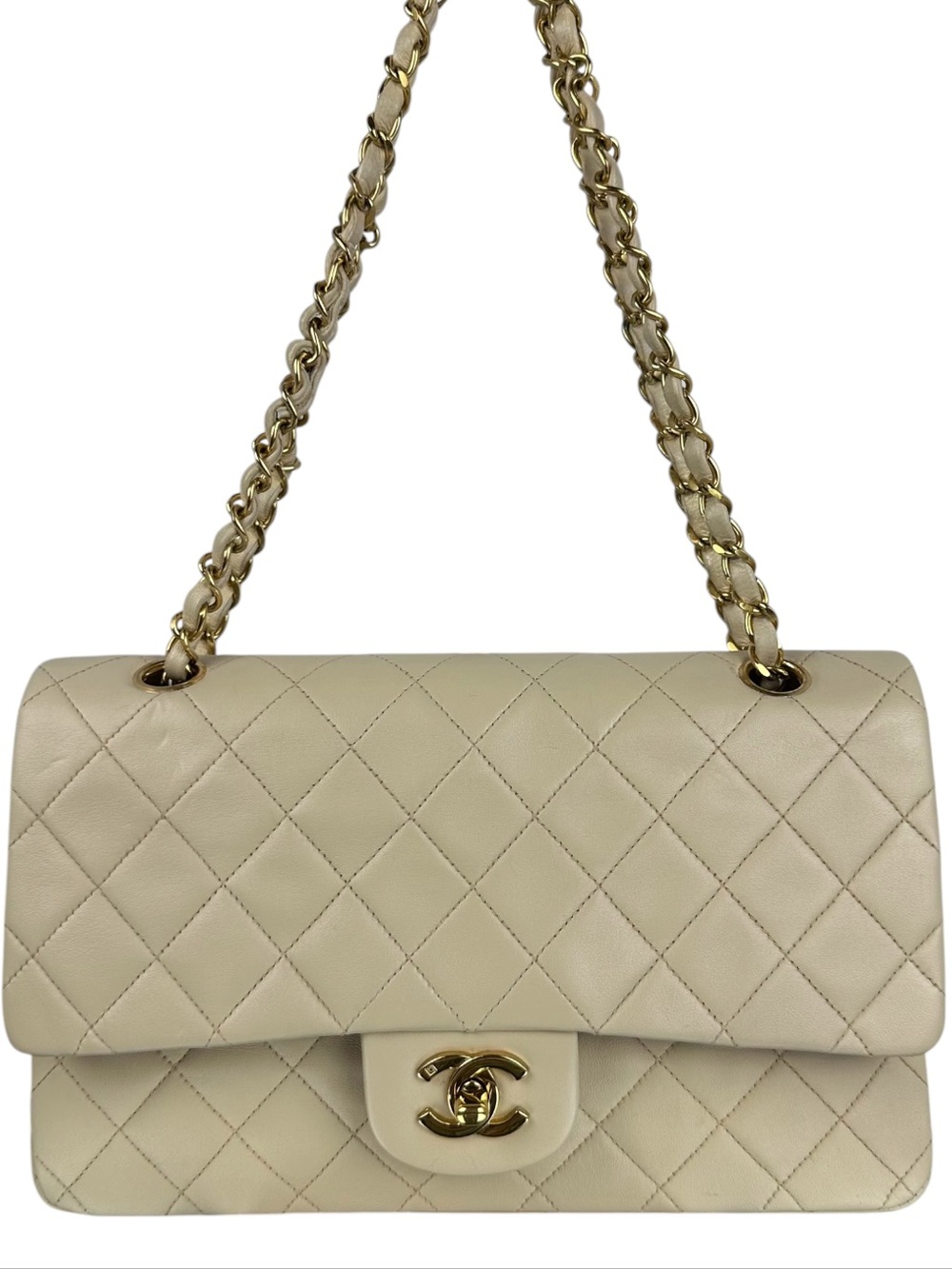 CHANEL CC DOUBLE FLAP BAG LAMBSKIN LEATHER GHW MEDIUM BEIGE